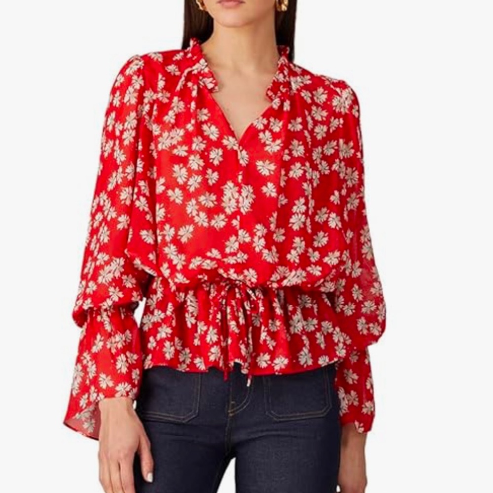Derek Lam Collective Red Floral Print Tie Waist Ruffled V-Neck Blouse